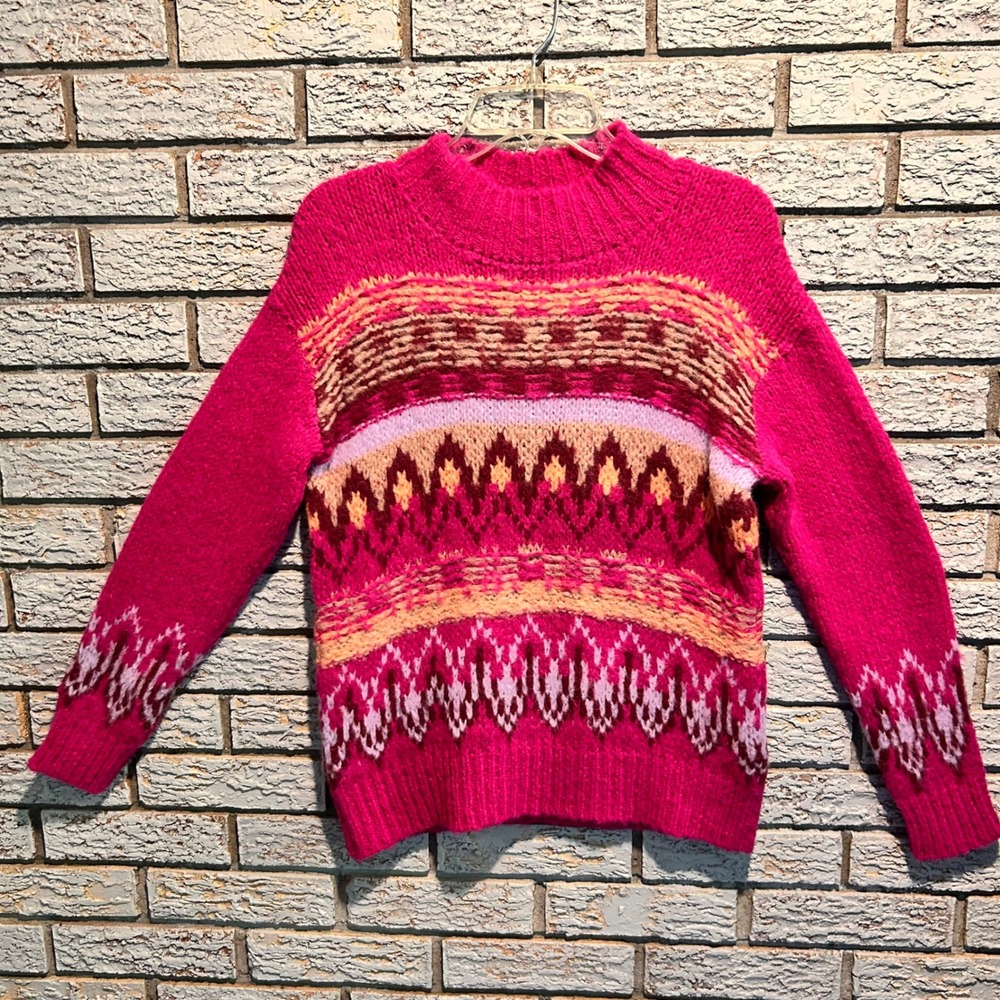 CAMU CAMU Womens Pink Alpaca Blend Fair Isle Knit Mock Neck Sweater Size Small